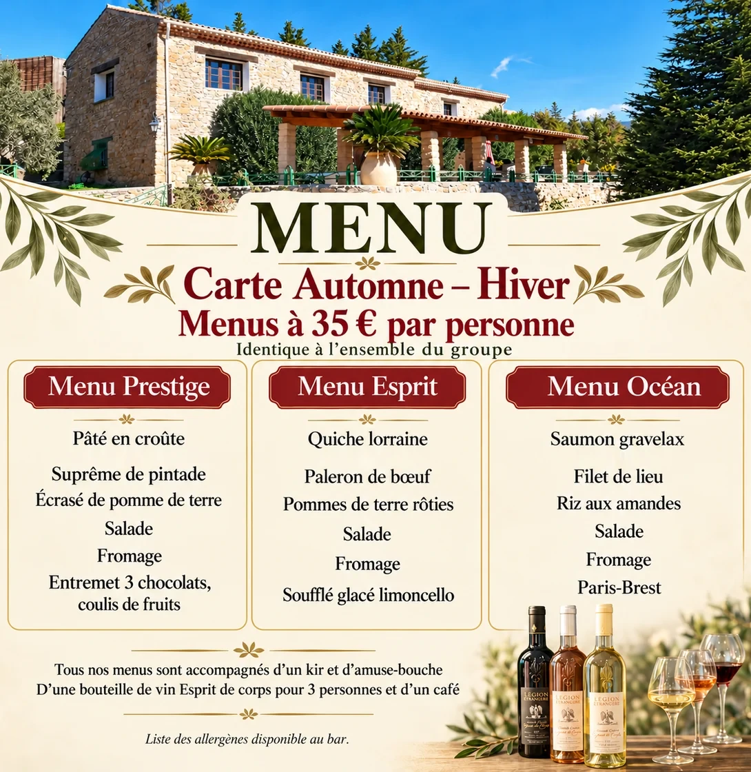 Carte Automne&ndash;Hiver de La Popote : menus Prestige, Esprit et Oc&eacute;an &agrave; 35 euros par personne. P&acirc;t&eacute; en cro&ucirc;te, pintade, quiche lorraine, paleron de b&oelig;uf, saumon gravelax, filet de lieu et desserts.